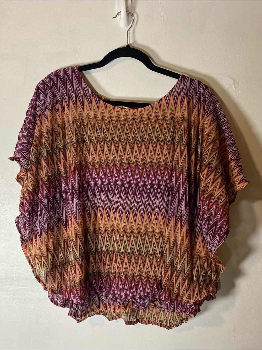 Jennifer Lopez Chevron Poncho Blouse Purple Peach Boho Batwing Top Large
